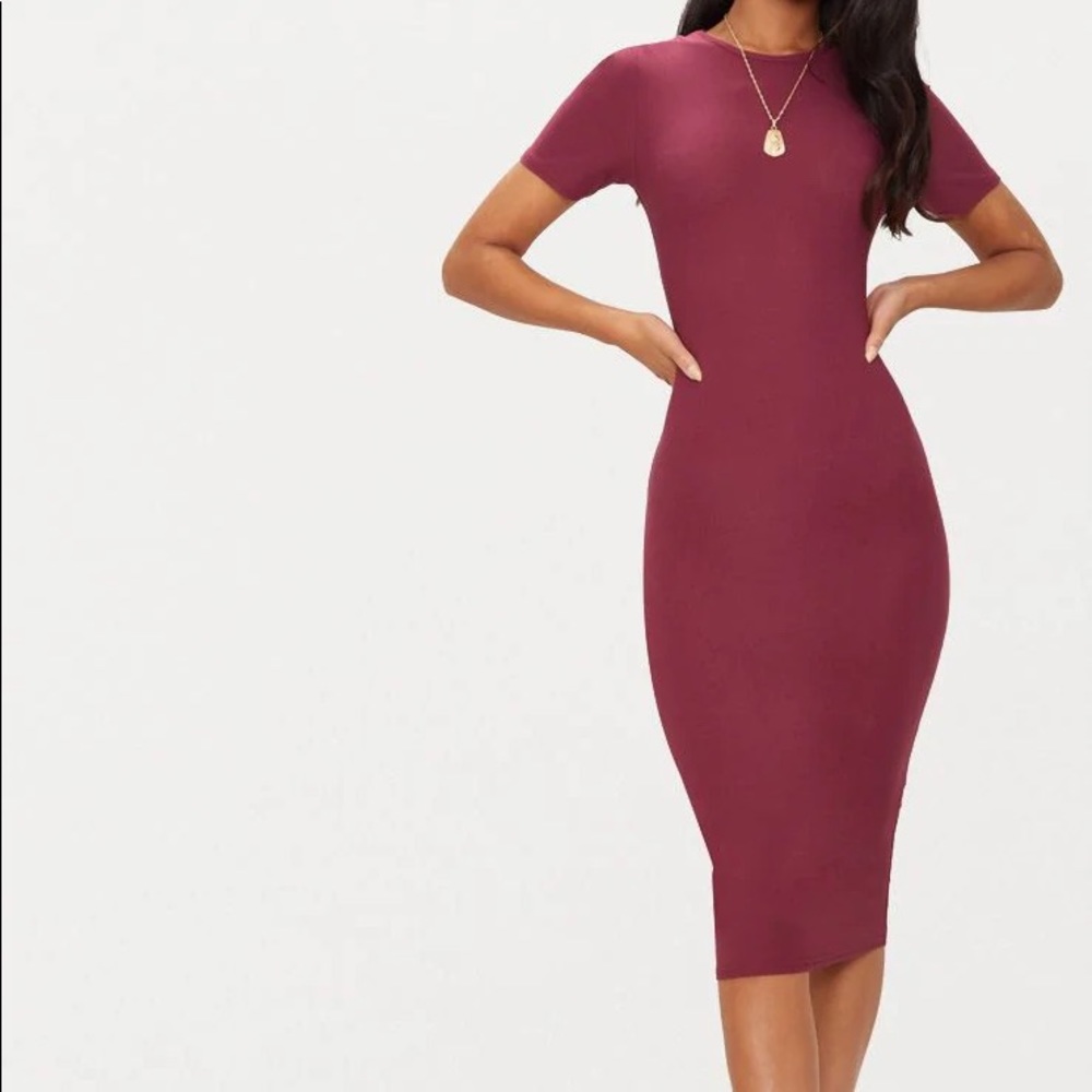 Prettylittlething Burgundy Cap Sleeve Midi Dress